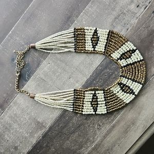 Vintage Wide Tribal Ethnic Beaded Necklace Neutral Colors Glass Brass Beads BOHO